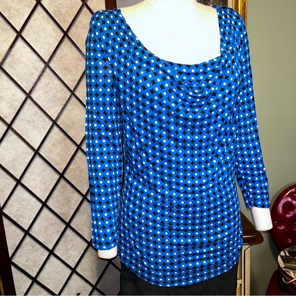Michael Kors Blue Black White Circle Diamond Draped Neck Shirt Blouse New NWOT - Picture 4 of 10